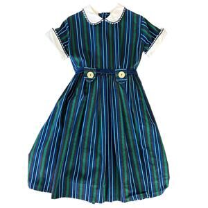 Vintage Girls' Blue + Green Striped Short Sleeve Fit + Flare Dress / 5 6 / S